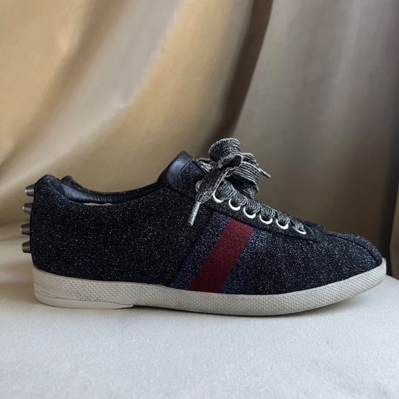 Authenticated Gucci Bambi Web Glitter Stud Black Silver Sneaker Size 36 - Picture 6 of 11